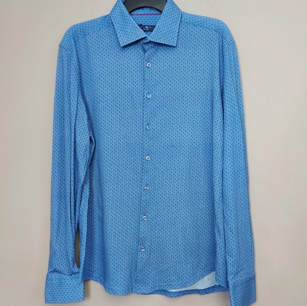 Stone Rose Button front shirt in blue with purple micro dot